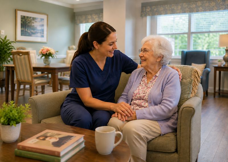 Caring staff with resident at The Waters